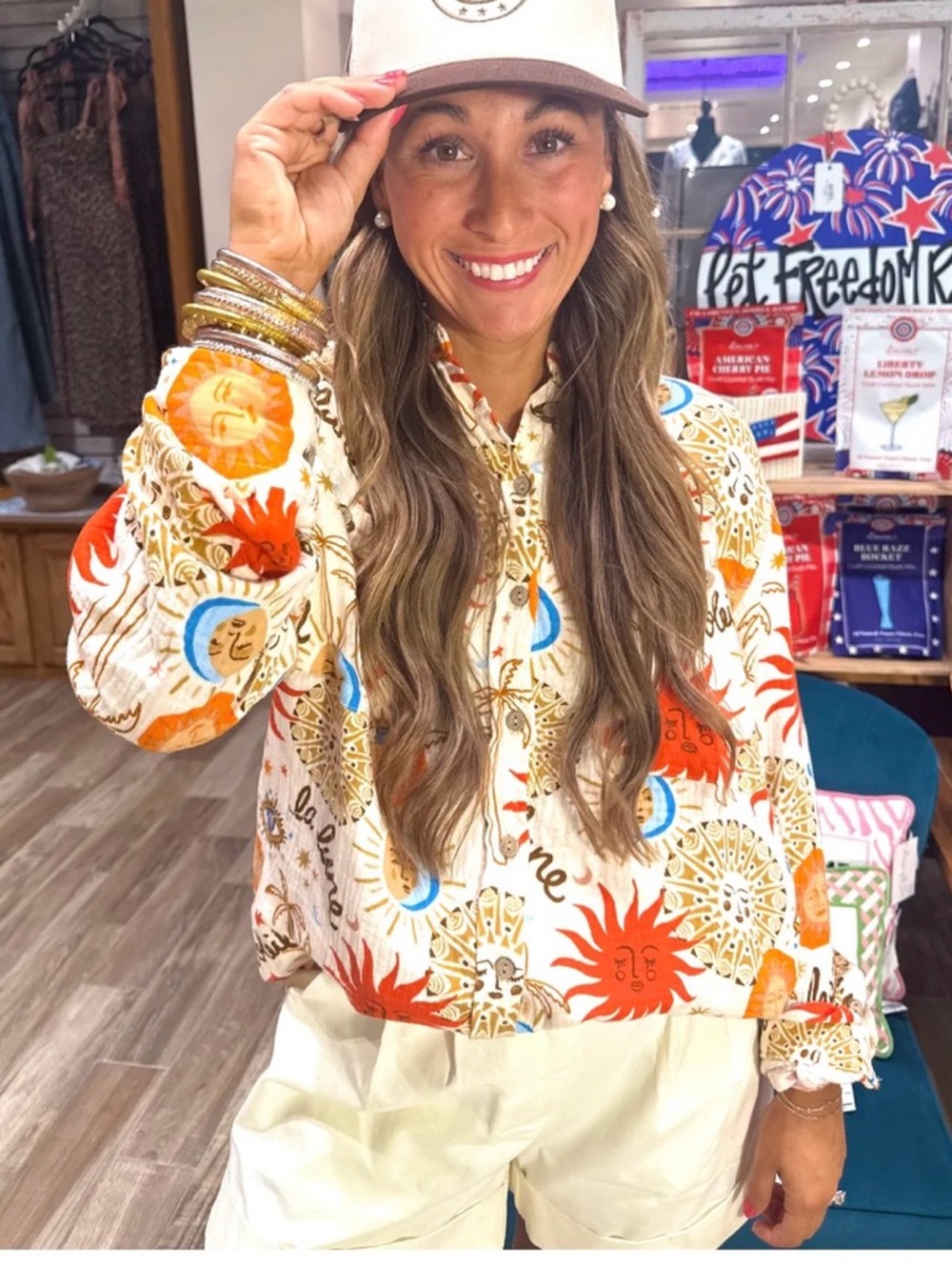 Ivy Jane Colorful Sun & Moon Print Button-Up Shirt Cotton Summer Gauzy Boho - Picture 13 of 13